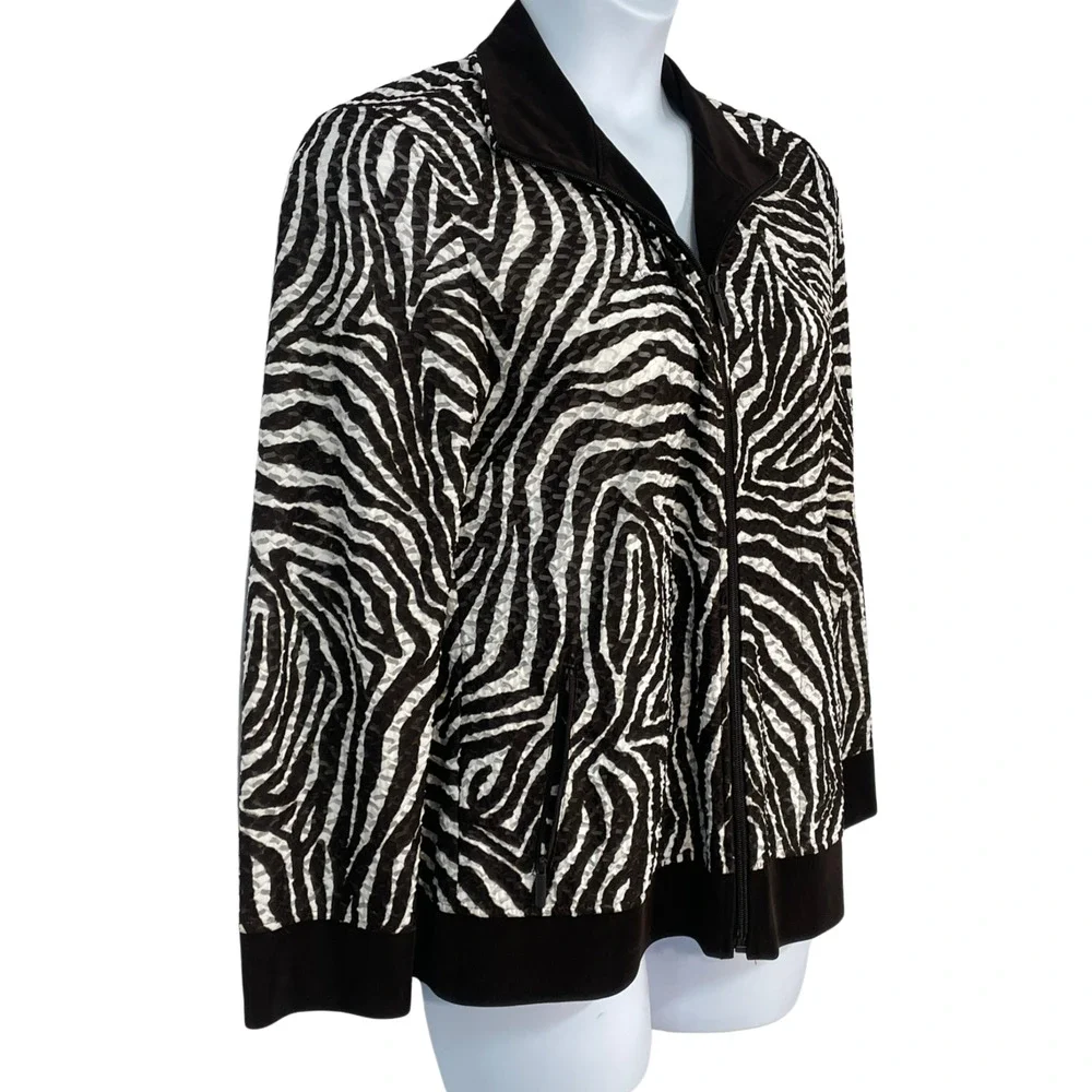 Chico's Sz 2 12-14 L Zip-Up Track Jacket Bomber Style Burnout Zebra Print Brown